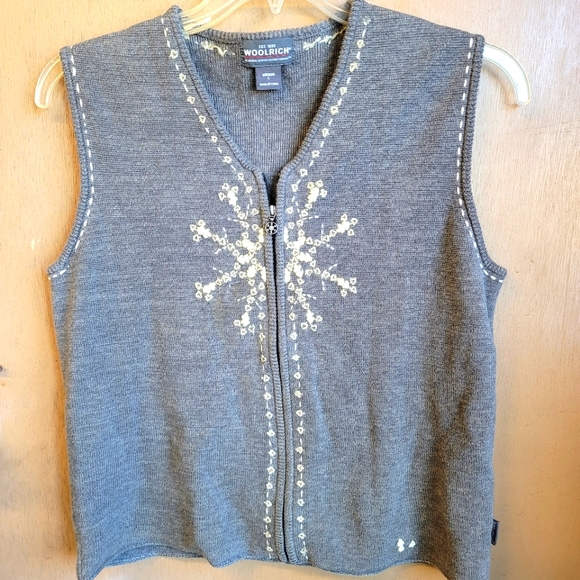 Woolrich women’s lambswool blend snowflake embroidered sweater vest zip up SZ L‎ - Picture 1 of 9
